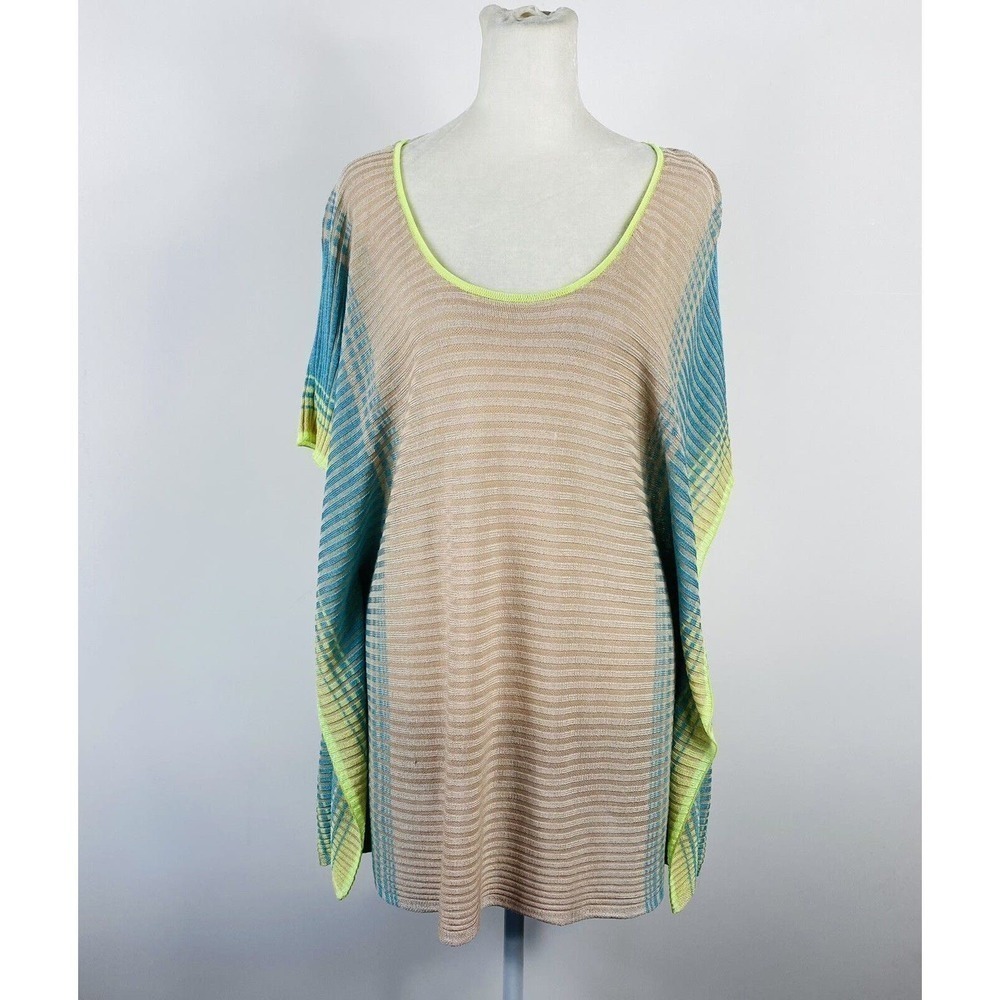 Coldwater Creek Size XS Small Linen Blend Drapey Poncho Top Tan Blue Neon Green